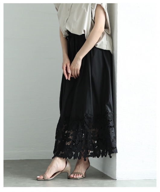 レディース 大人 上品 足元に広がる裾レースのウエストリボン