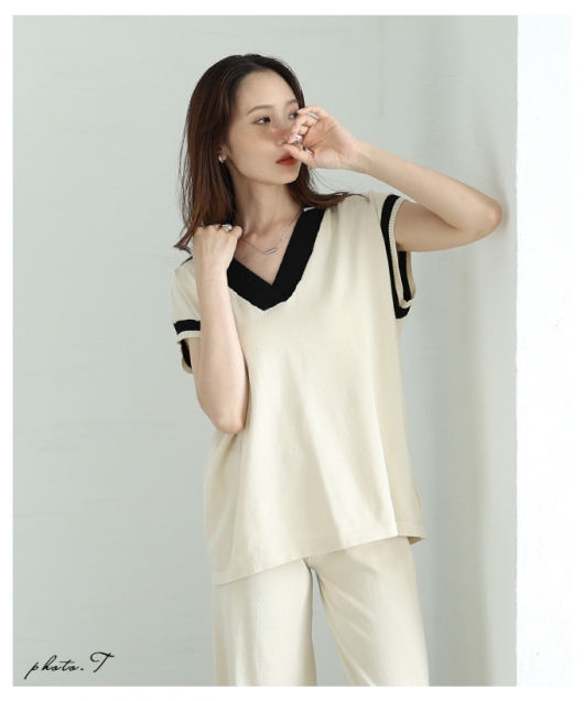 色々美容セット レディース 大人 上品 バイカラー配色デザインのサマーニット