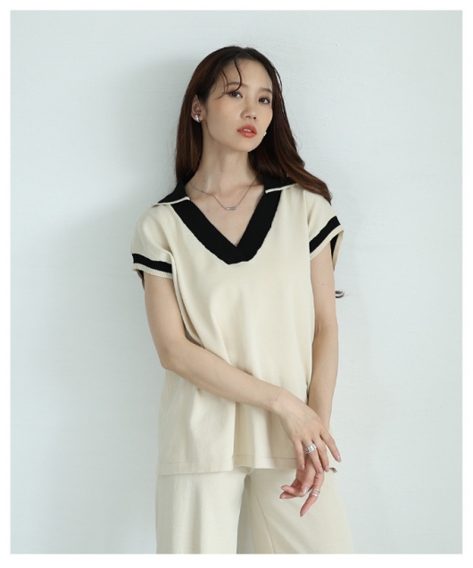 レディース 大人 上品 バイカラー配色デザインのサマーニット