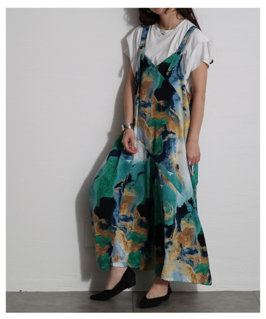 レディース 大人 モード 季節を盛り上げるマーブル柄サロペットパンツ