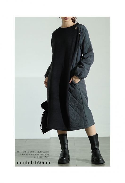 レディース 大人 モード トレンド重ねる異素材キルティングワンピース