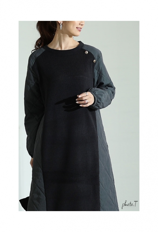 レディース 大人 モード トレンド重ねる異素材キルティングワンピース