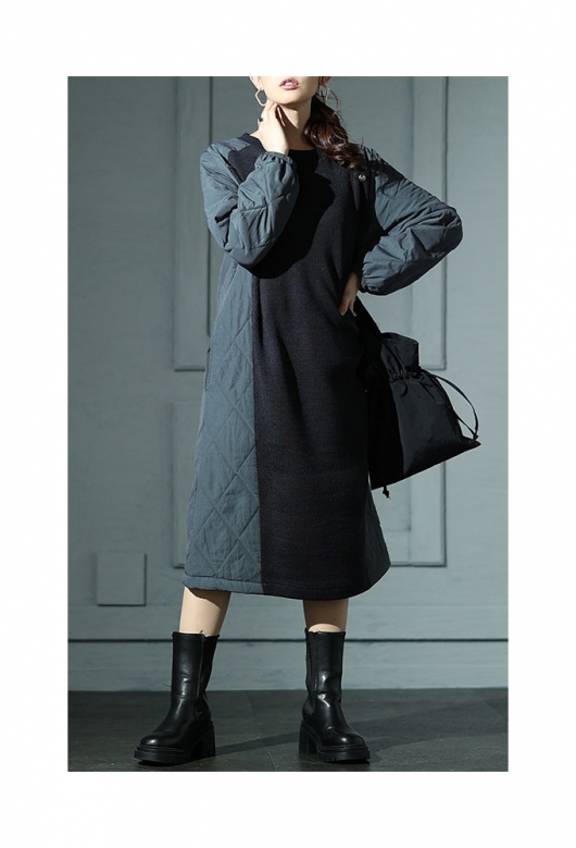 レディース 大人 モード トレンド重ねる異素材キルティングワンピース