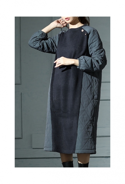 レディース 大人 モード トレンド重ねる異素材キルティングワンピース