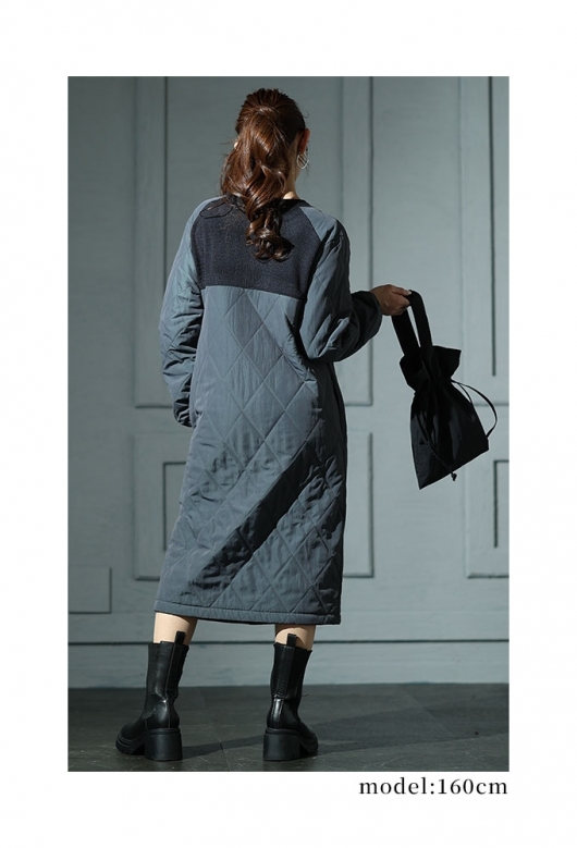 レディース 大人 モード トレンド重ねる異素材キルティングワンピース