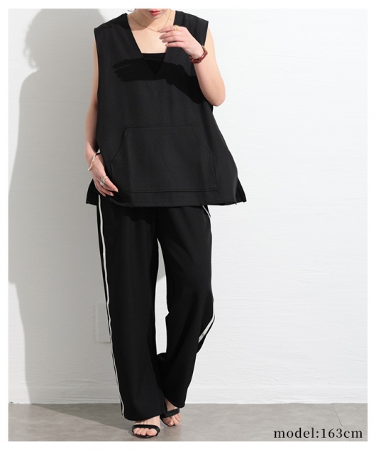 レディース 大人 上品 スポーティーなラインを重ねるストレートパンツ